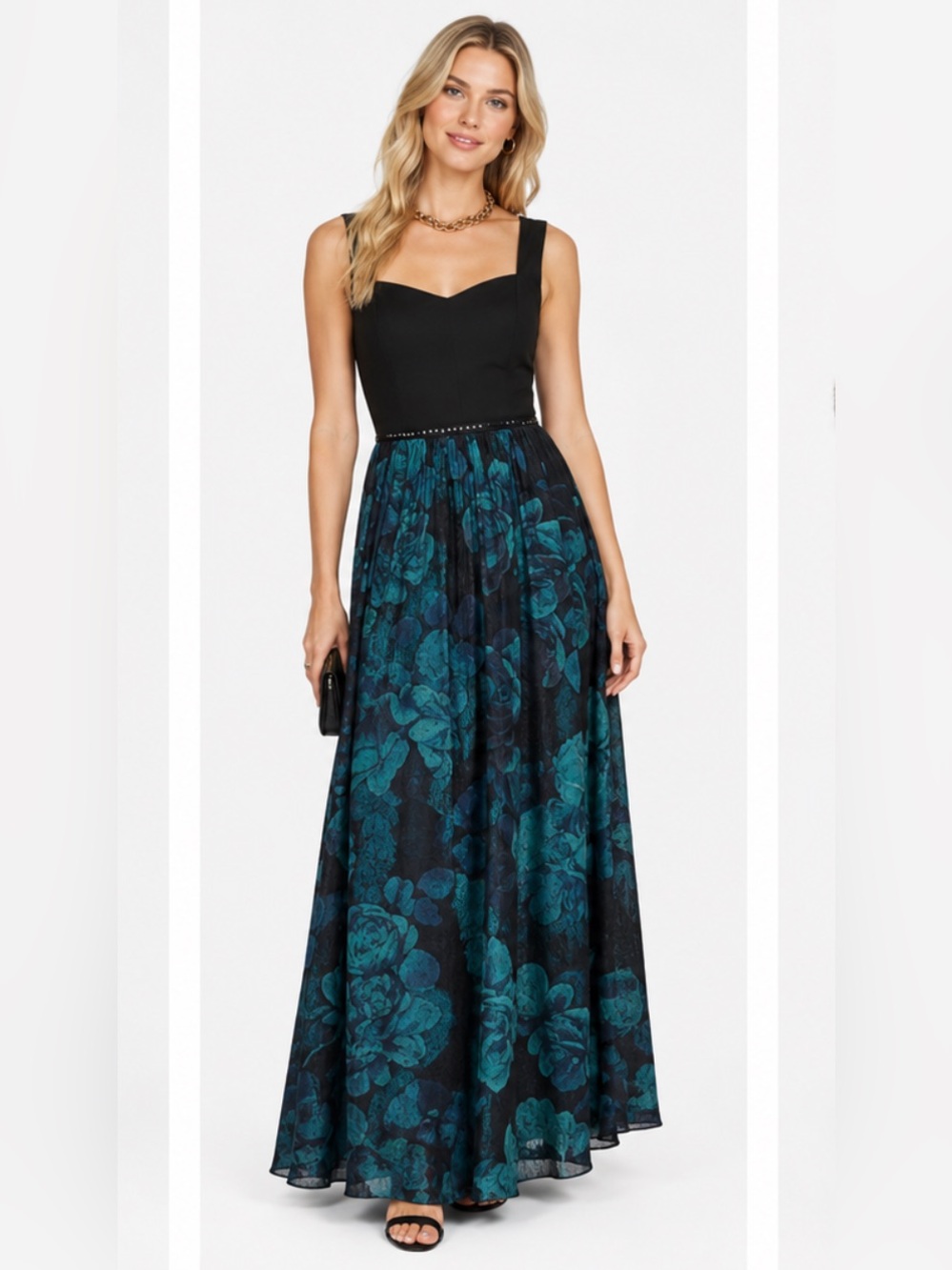 Wedding guest,Black and Teal Floral Petite Sz6 maxi with Jeweled details Dress